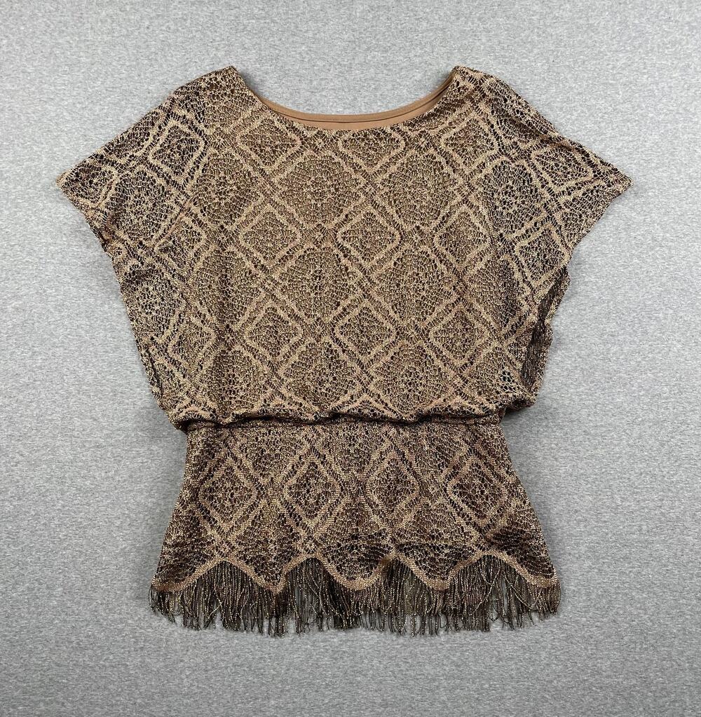 Vintage Dressbarn Collection Top MP Gold Bronze Floral Lace Fringe Hem Fairy Y2K